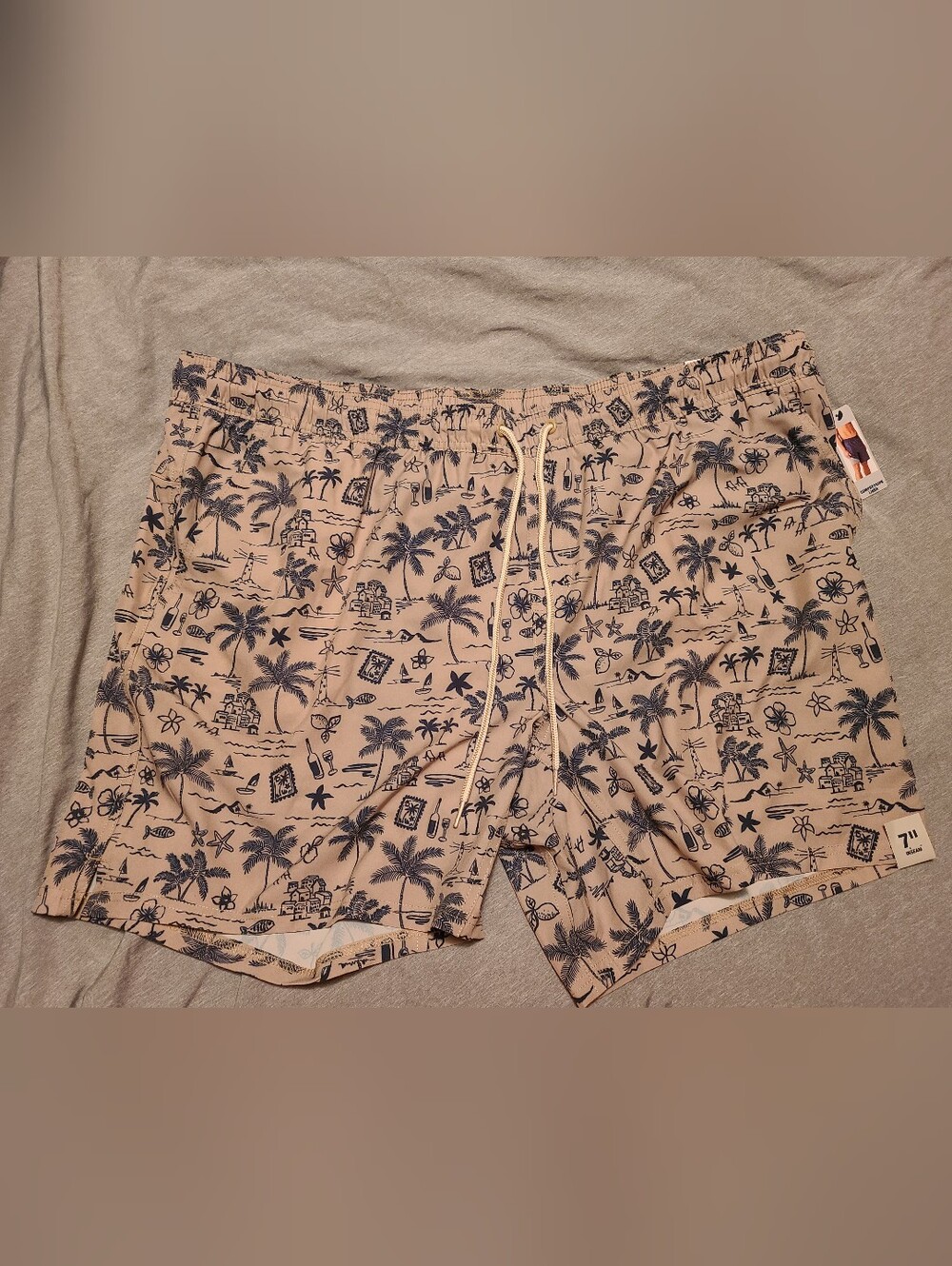 New Mens George Tan Shorts Swim Trunks Navy Tropical Print 3X (48-50) 7" Inseam